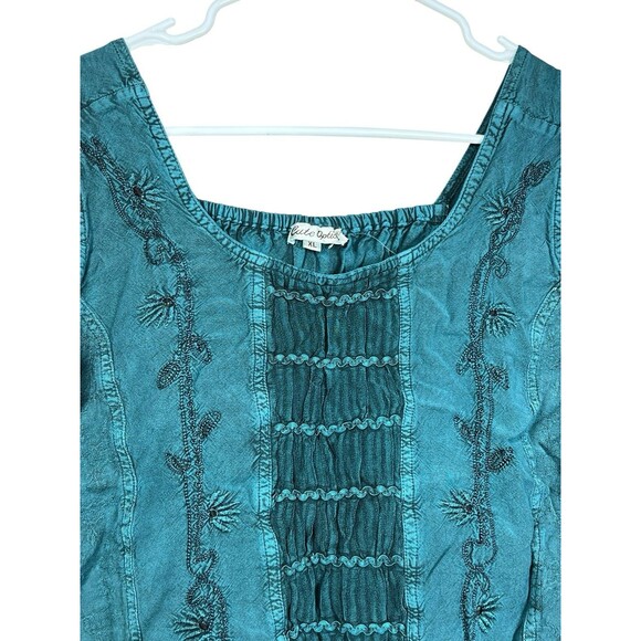 Cute Options XL Boho Embroidered Peasant Tank Corset Lace Up Teal Renaissance - Picture 2 of 8